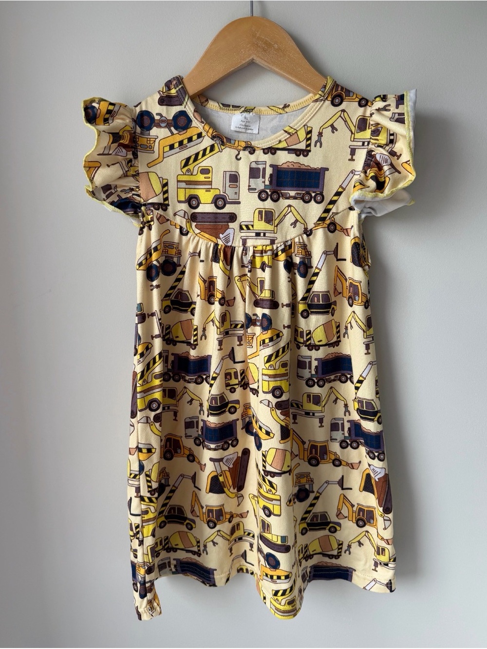 Construction Print Yellow Kids Dress with Ruffle Sleeves Size 5/6